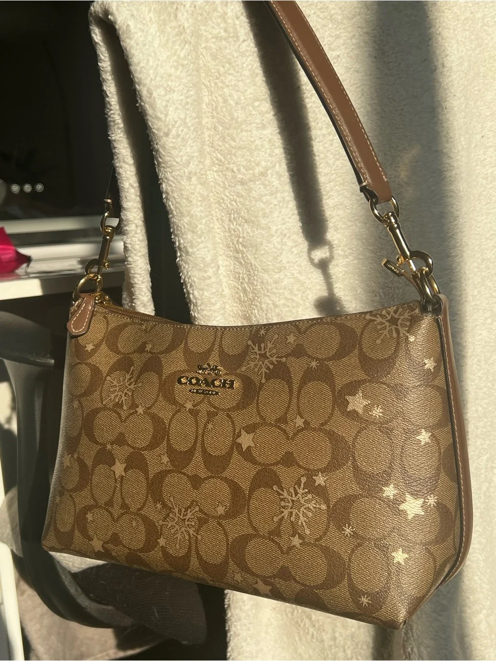 Coach Brown Signature Canvas Shoulder Bag with Snowflake Accents